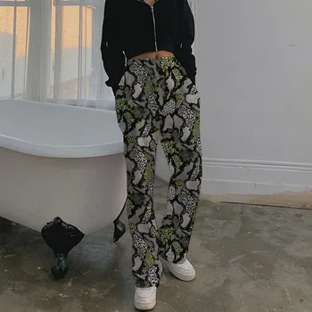 

Lychee Elastic Waist Wed Leg Female Trousers Harajuku Dark Green Snakeskin Printed Women Pants Casual Loose Autumn Ladt Bottoms