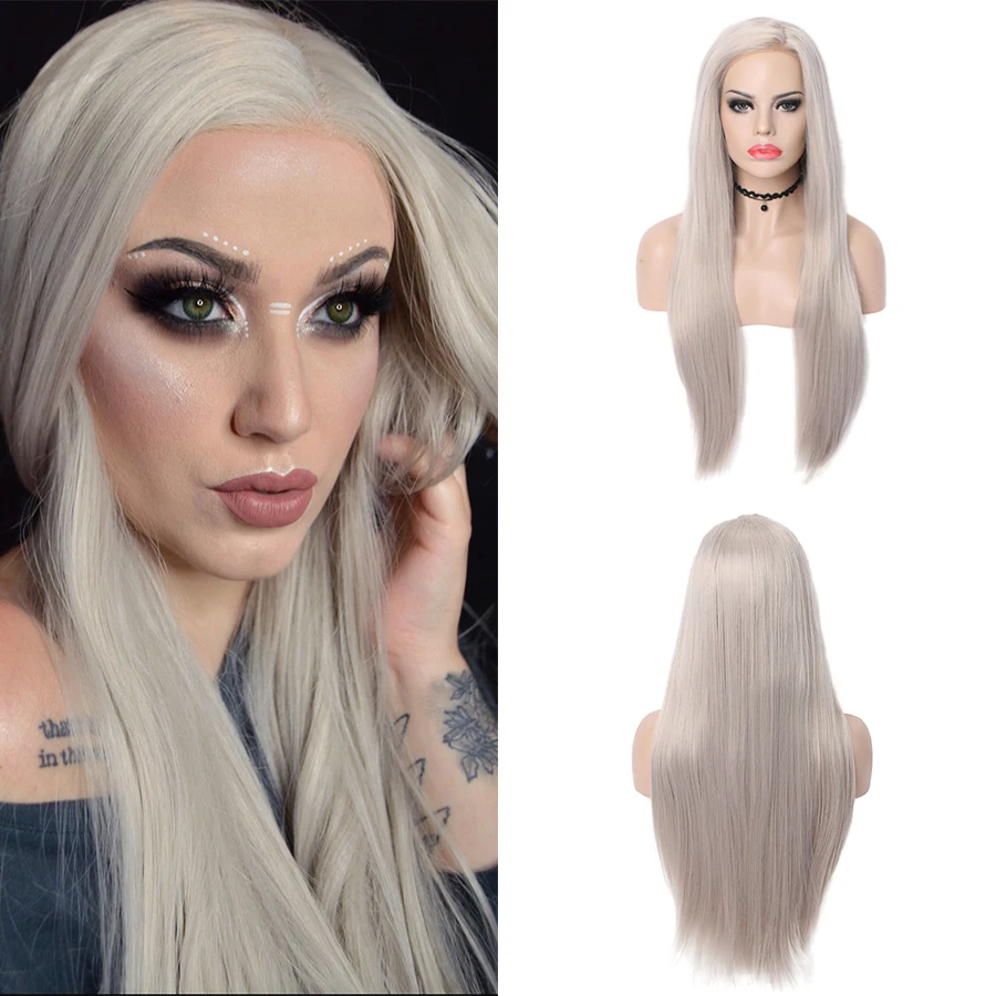 Imstyle Grey Wig Synthetic Lace Front Long Straight Wigs For Women Heat Resistant Fiber Natural Hairline Cosplay | Шиньоны и парики