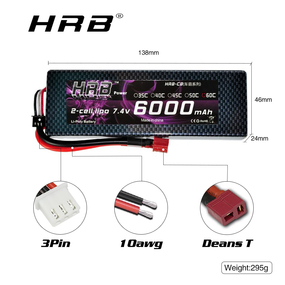 Gros plan sur le connecteur XT60 de la batterie LiPo 4S 6000mAh 50C, étiquette de spécifications visible.