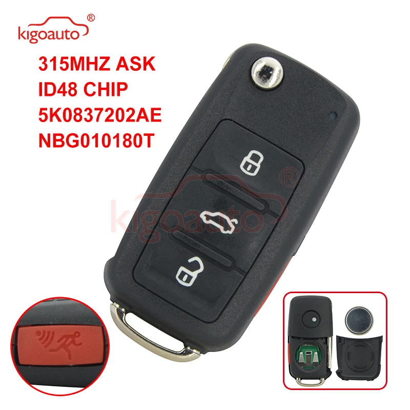 Kigoauto 5K0837202ae Remote Key 315Mhz ASK ID48 3 Button with Panic HU66 Blade for VW Beetle Passat Jetta Tiguan 2014 2015 2016 433mhz 3 button car remote key with id48 chip 8x0837220d 8x0837220 for audi a1 q3 s1 2010 2011 2012 2013 2014 2015 2016 2017