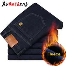 Xuansheng, флисовые мужские джинсы,, прямые, зимние, классические, деловые, повседневные, уплотненные, эластичные, брендовые, длинные штаны, синие, черные джинсы