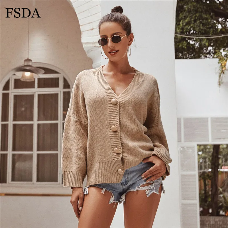 FSDA V Neck Women Long Sleeve Loose Sweater Casual Warm Button Cardigan Lady Autumn Winter Fashion Cute Sweaters