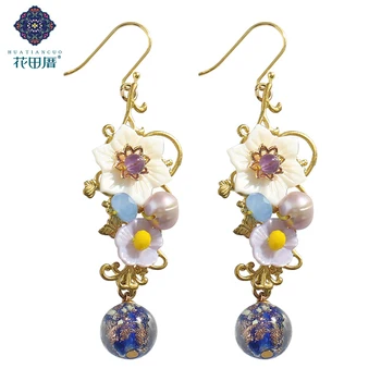 

Colored Glass Bead Shell Flower Dangle Earring Freshwater Pearl Bead Yellow Stone Bead Ethnic Handmade Woman Jewelry EZ-18063