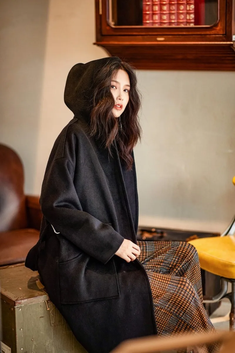 Winter New Woman Long Solid Hooded Belt Overcoat OL Style Elegant Runway Trench Coat Female Black Office Outerwear S-L