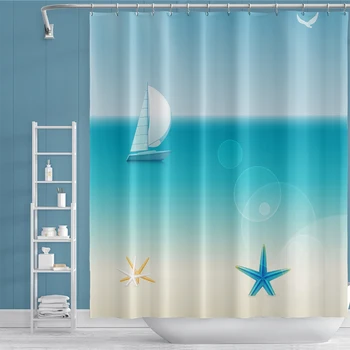 

Seascape Scenery Blue Shower Curtains Waterproof Fabric Plain Bath Curtains for the Bathroom Large Wide Bathing Cover 12 Hooks