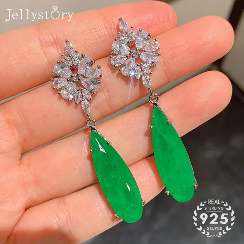 

Jellystory vintage charm earrings 100% real 925 sterling water drop shaped 10*30mm emerald jewelry for women wedding engagement