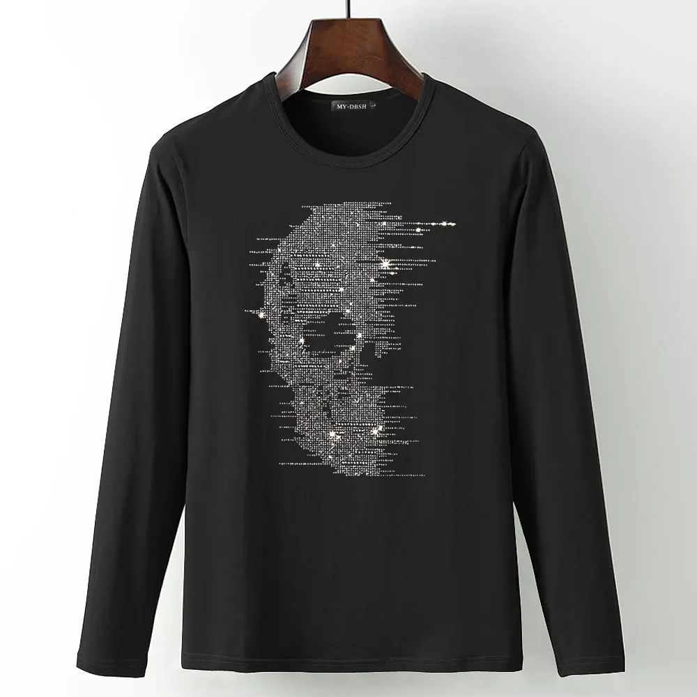 T004-O-Black Новые футболки с черепом и бриллиантами, тянущаяся хлопковая футболка с длинными рукавами, готический стиль, мужская Высококачественная футболка большого размера 5XL со стразами - Цвет: T004-O-Black