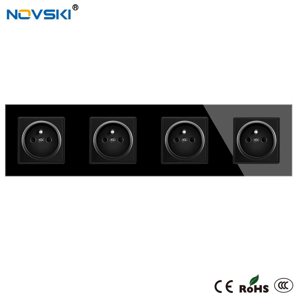 EU French Wall Crystal Glass Black Panel Power Socket Triple Plug Grounded, 16A Quintuple Electrical Socket, 15 Years Warranty