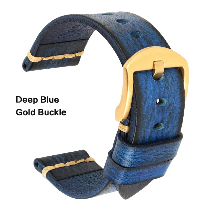 MAIKES кожаный ремешок для часов ручной работы ремешок Мужские винтажные часы из натуральной кожи ремешок 20 мм 22 мм 24 мм для Panerai Fossil Casio SEIKO - Цвет ремешка: Blue Gold