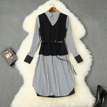 

2020 Spring Dress Women Fashion New Designers Long Sleeve Turn Down Collar Knitted Patchwork Striped Casual Dress Female Vestido
