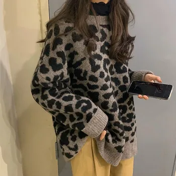 

Leopard Harajuku Sweater Women O Neck Long Sleeve Pullovers Vintage Loose Tops Korean New Fashion Streetwear Pull Femme Clothing