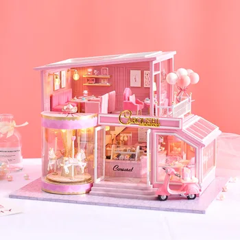 

LED Carousel Princess doll house furniture diy dollhouse wood diy doll house miniature dollhouse furniture Kit children home Toy