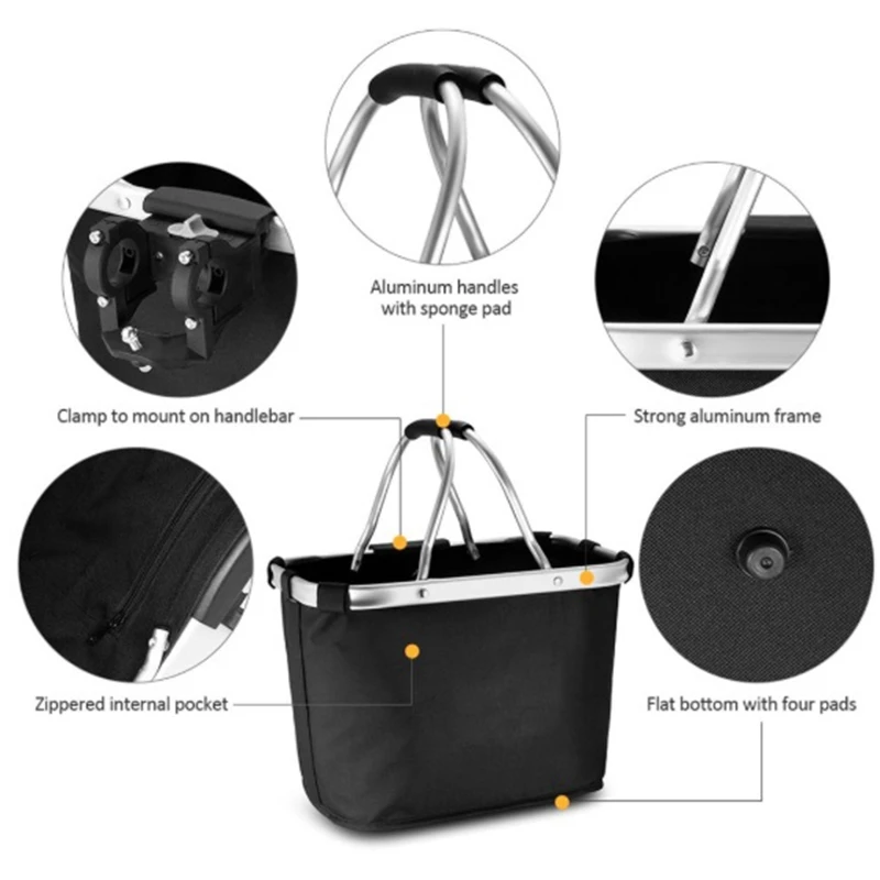 Portable Bike Basket Folding Bicycle Basket Pet Cat Dog Carrier Bag Aluminum Handle Storage Basket Bicycle Front Frame Bag
