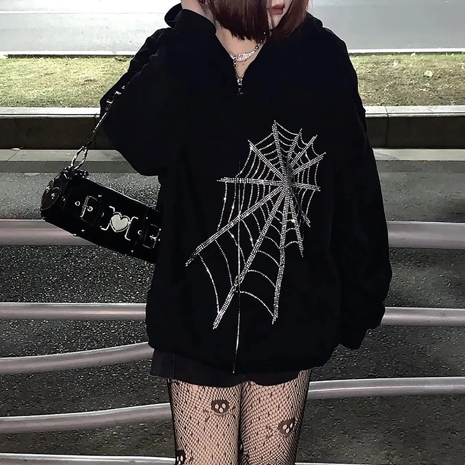Oversized Women Hoodies Y2k Rhinestone Spider Printed Long Sleeve Pullovers Top Harajuku Autumn Hooded Sweatshirts Sudadera 1