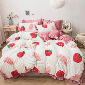 

Fashion Bedding Set Luxury Fruit Print Stripe Plush Family Bed Set Duvet Cover Sheet Pillowcase King Single Queen Bedclothes