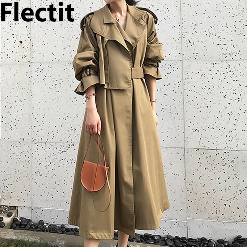 Brutaal ticket Muf Flectit Lange Trenchcoat Vrouwen Notch Revers Lange Mouwen Tan Trenchcoat  Met Riem Herfst Winter *|Loopgraaf| - AliExpress