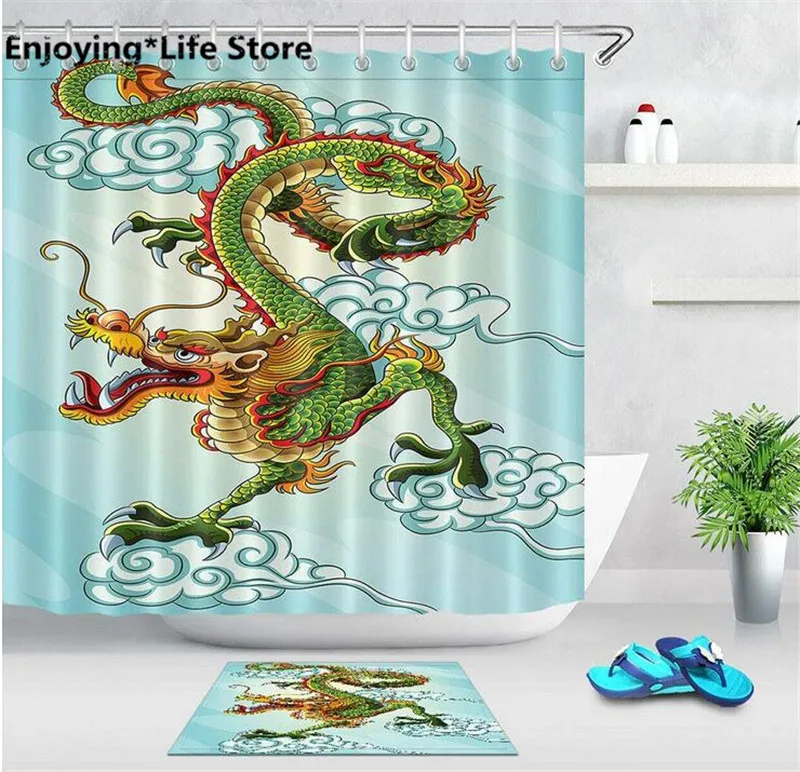 Waterproof Fabric & Hooks Shower Curtain Swimming Goldfish Bath Accessory Sets 