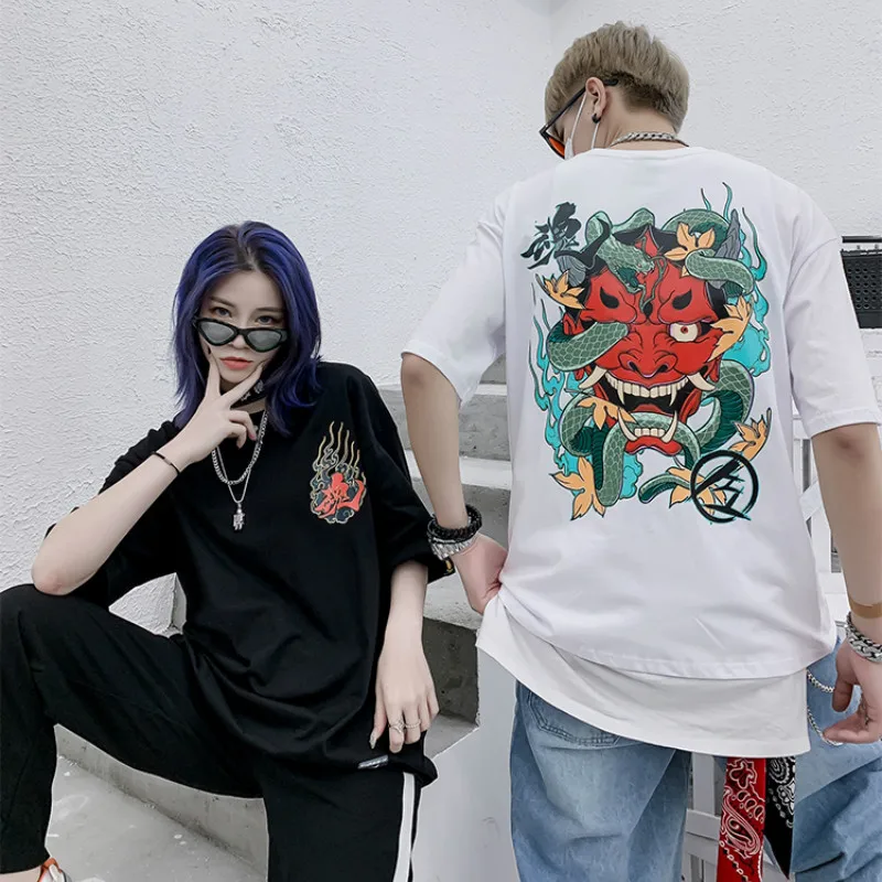 VOGUELEO Япония Стиль футболка Для мужчин с принтом монстров летний топ веселое Harajuku змея Bbck рубашки для мальчиков шорты в стиле хип-хоп Уличная летняя