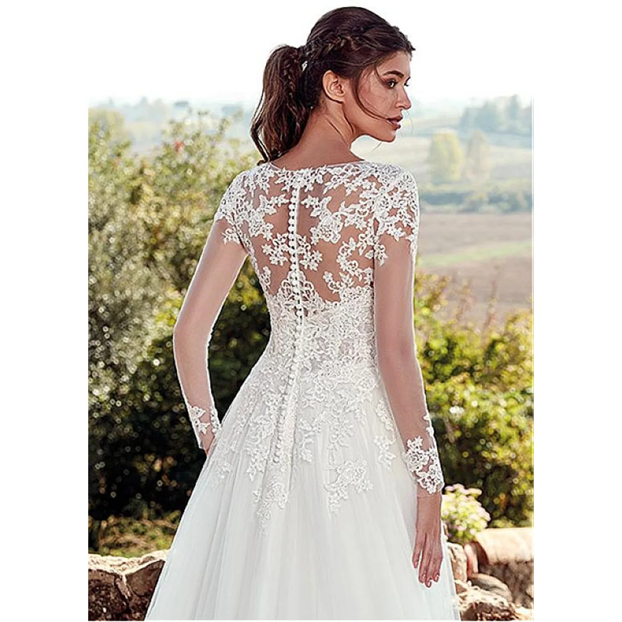 Длинные рукава Свадебные платья Кружева Аппликации Воротник Sheer Jewel A-Line Иллюзия Свадебные платья vestido de noche свадебные платья