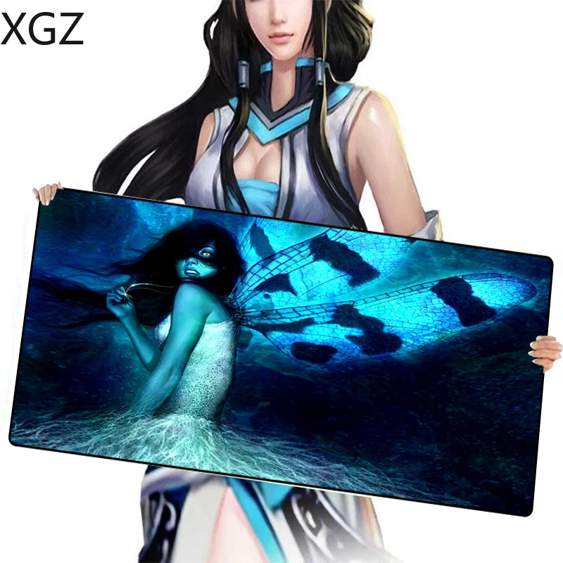  XGZ Cool Black Background Wings Girl Large Game Mousepad PC Computer Player Mouse Pad Desk Lock (fo