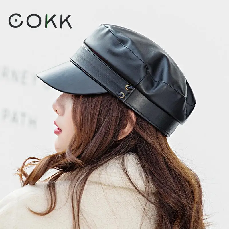 

COKK Fashion Leather Beret Military Hat Female British Style Autumn Winter Flat Top Pu Leather Hats Cap Women Gorras Korean