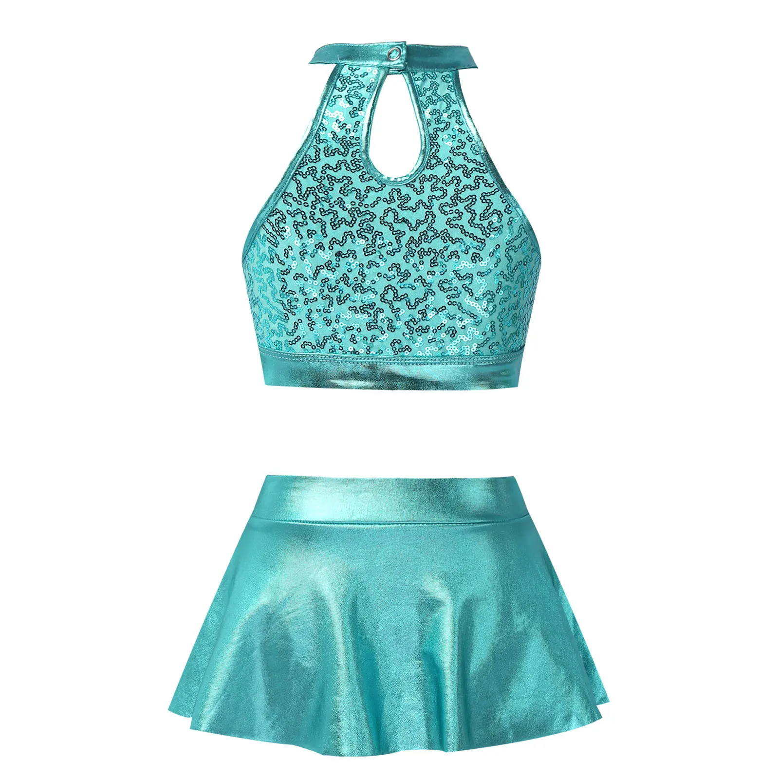 Kids Shiny Sequins Ballet Outfits Big Girls Hip Hop Jazz Dance Costumes Crop Top Skirt Clothing Set for Dancing Competition