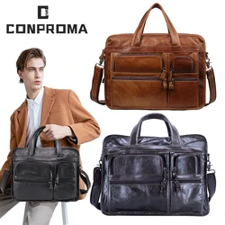Sacos de ombro do portátil dos homens grandes bolsa de couro genuíno 15.6 Polegada moda funcional escritório viagem mensageiro sacos masculino
