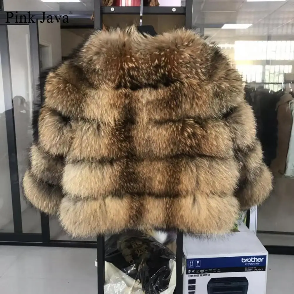 Pink Java QC19102 new arrival hot sale women fur coat natural raccoon fur jacket thick fur coat short coat fashion