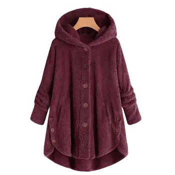 

Women Jacket Winter Warm Long Sleeve Hooded Jacket Fluffy Button Fur Fleece Casual Pocket Single Breasted Outwear Plus Size