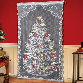 

Creative New LED Light Christmas Tree Lace Santa Print Curtain Semi-shading Window Drape Home Xmas Festival Decoration Cloth D30
