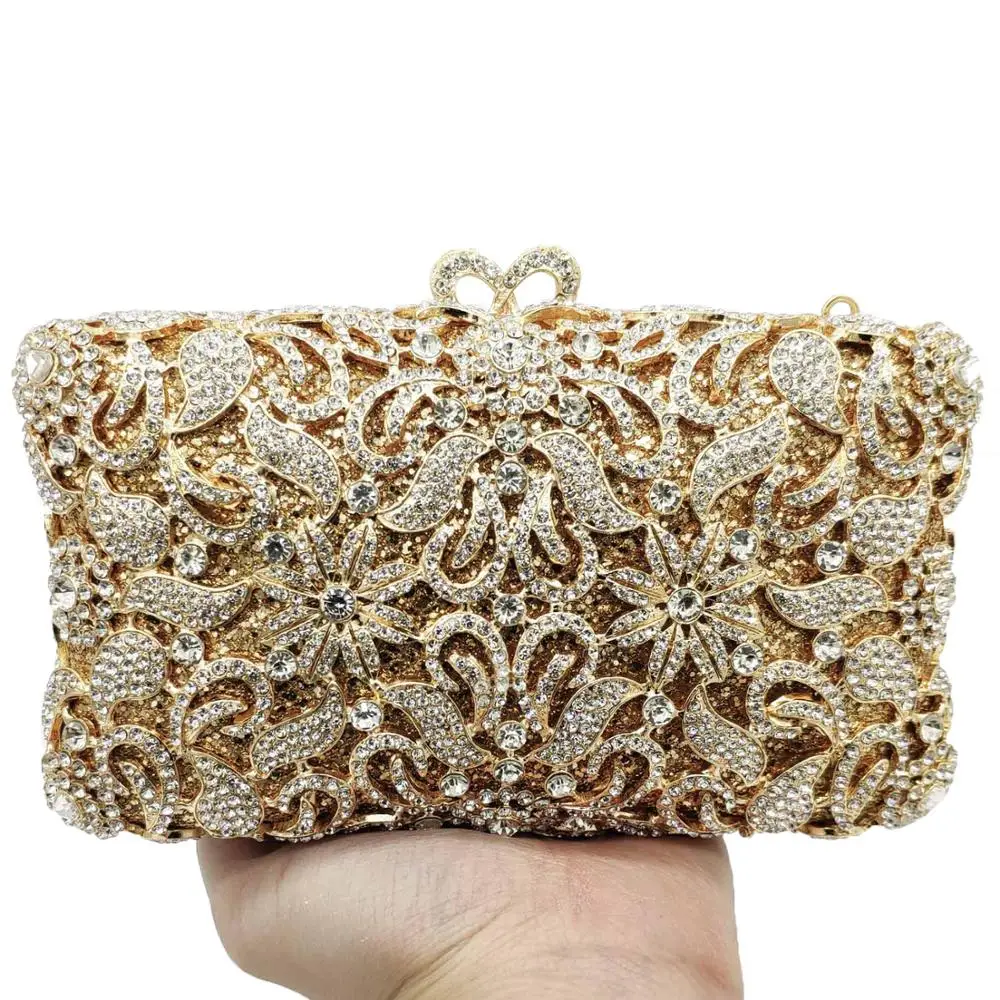 Boutique De FGG элегантный цветочный женский вечерний кошелек с золотыми кристаллами и сумочка для невесты, клатч с бриллиантами, сумка для свадебной вечеринки
