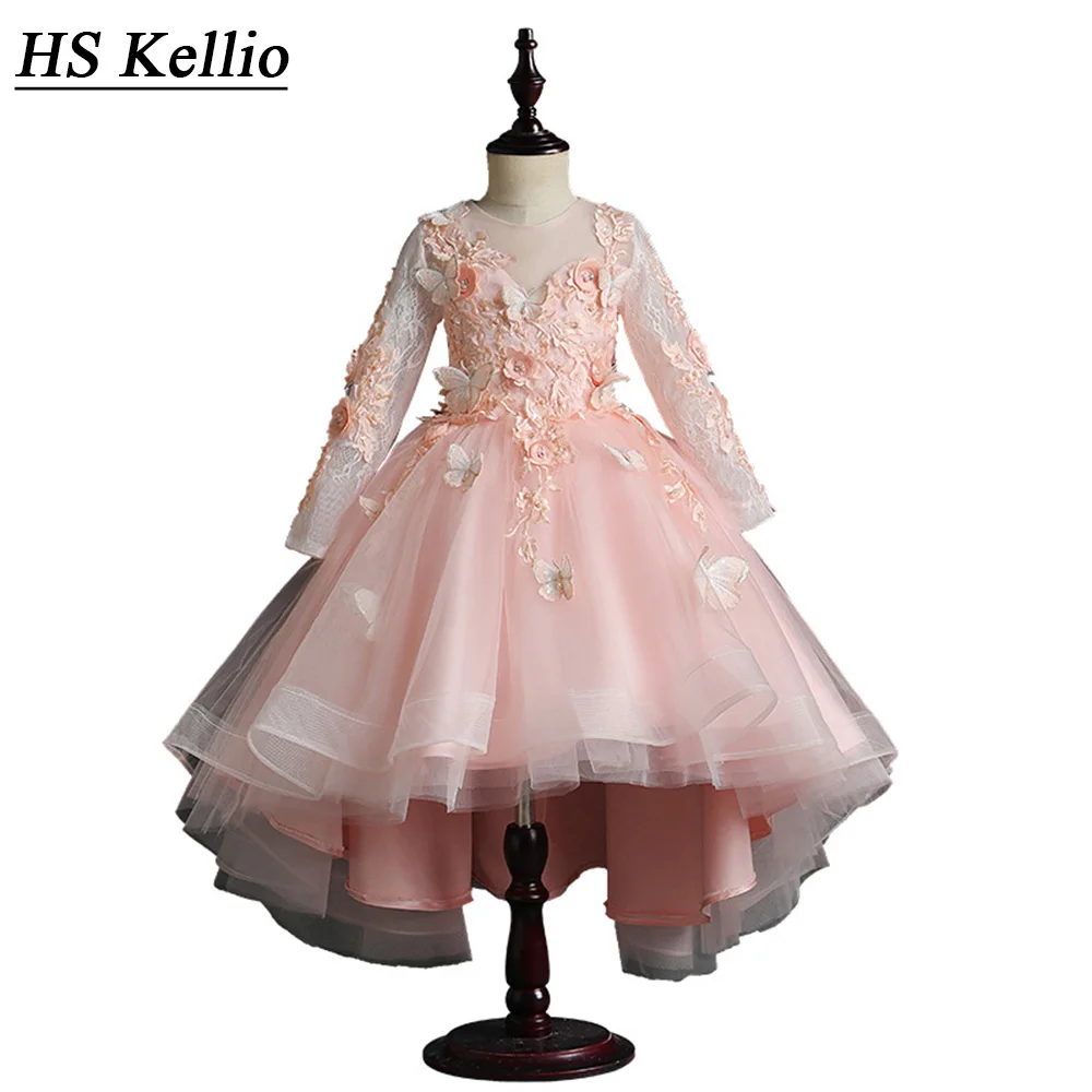 HS Kellio/платье для девочек; свадебное платье принцессы с длинными рукавами и цветочным узором для девочек; розовые платья с бабочками и цветами