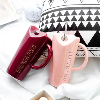 

Ceramic Drinking Mug with Straw Hole & Handle, Heart Shape Opening, and Stainless Steel Straw Milkshake Water Cup WF1021