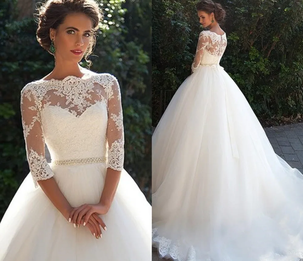 『Cheap!!!』- Country Vintage Lace 2021 Wedding O Neckline Half Long
Sleeves Pearls Tulle Princess A-Line Cheap Bridal Dresses Plus