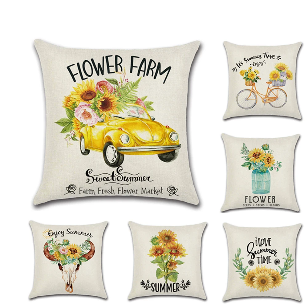 

45*45cm New Creativity Sunflower Letter Print Car Pillow Cover Decorative Cushion Cover Cotton Linen Pillow Case Sofa Decor