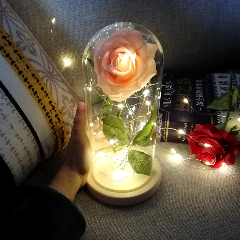 

LED Light Rose In Flask Beauty Silk Artificial Red Pink Champagne White Rose With LED Light In Glass Dome For Wedding Party NEW