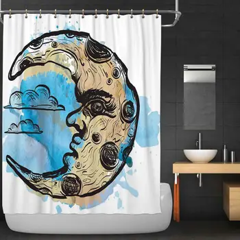 

Sketchy Man in The Moon Crescent face on Watercolor Bathroom Decor Set,074051 with Hooks,36''W x 72''H