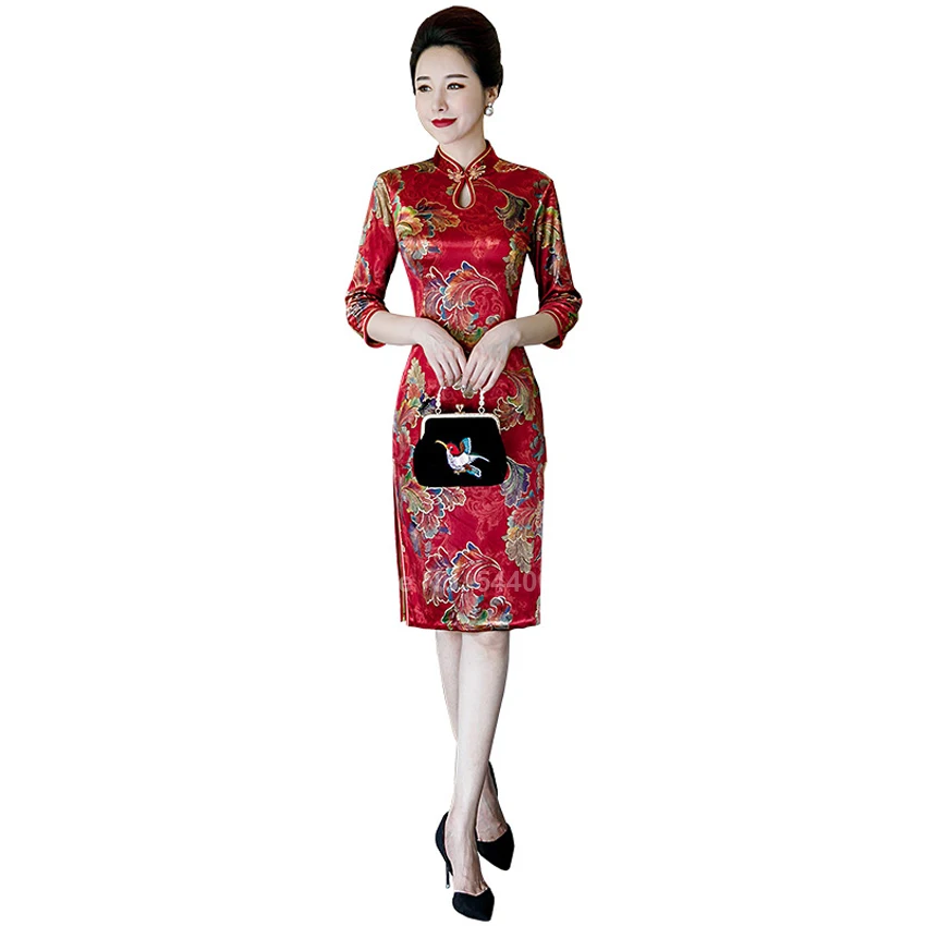Китайское платье Чонсам для женщин, атласное платье Ципао с цветком, элегантное, воротник-стойка, традиционные вечерние платья, одежда на год, сексуальная одежда размера плюс