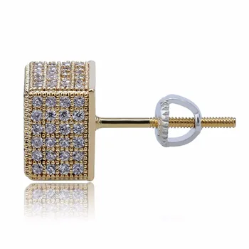 

New CZ Zircon Pave Ice Out Bling Hip Hop Stud Earring Gold Copper Square Earrings for Men Rapper Jewelry Luxury Jewelry
