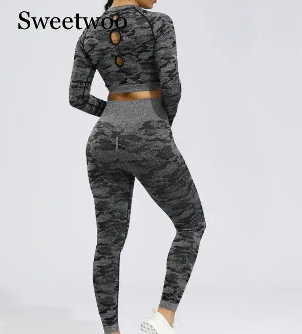 SWEETWOO Camo бесшовный топ для йоги топы Спортивные с длинными рукавами для женщин Открытая Спина фитнес-тренажерный зал укороченный Топ Спортивная рубашка женская спортивная одежда