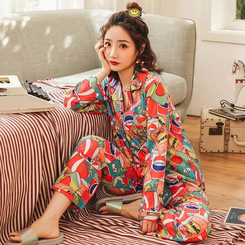 Autumn Fashion New Colorful Pajamas Set Ladies Comfort Soft Ice Silk Long Sleeve Homewear Femme Satin Long Sleeve Sleepwear