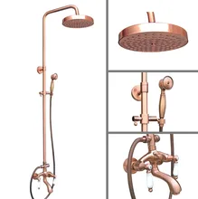 

Antique Red Copper Brass Dual Ceramic Handles Bathroom 8 Inch Round Rain Shower Faucet Set Tub Mixer Tap Hand Shower mrg562