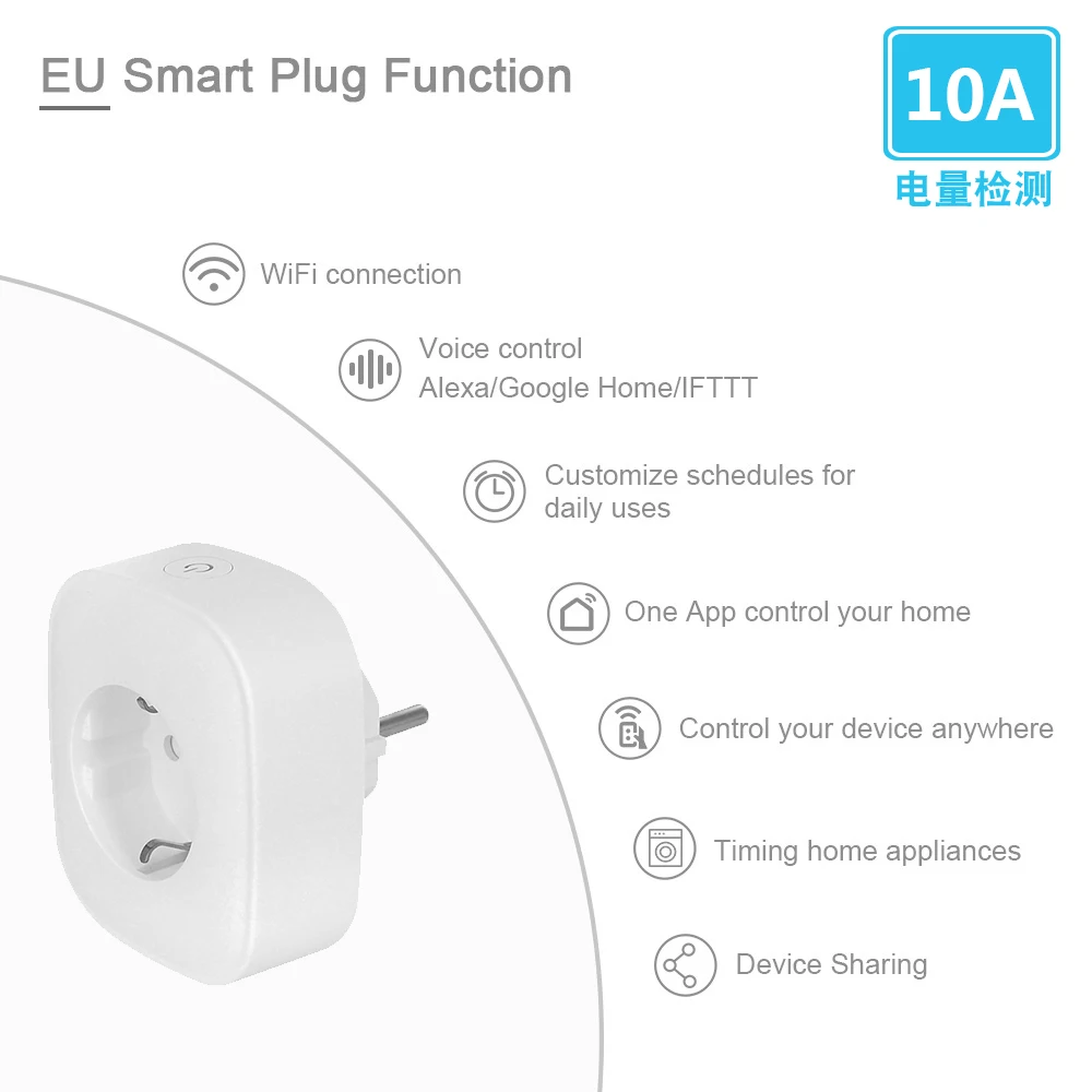 Tuya Wifi ЕС вилка Alexa умная розетка питания Google Alexa мобильное приложение розетка ЕС Тип 10A