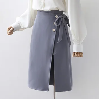 

WERUERUYU Spring 2020 New Women Elegant Wrap Skirts Front Split Korean OL Style High Waist Chic Work Wear Drawing