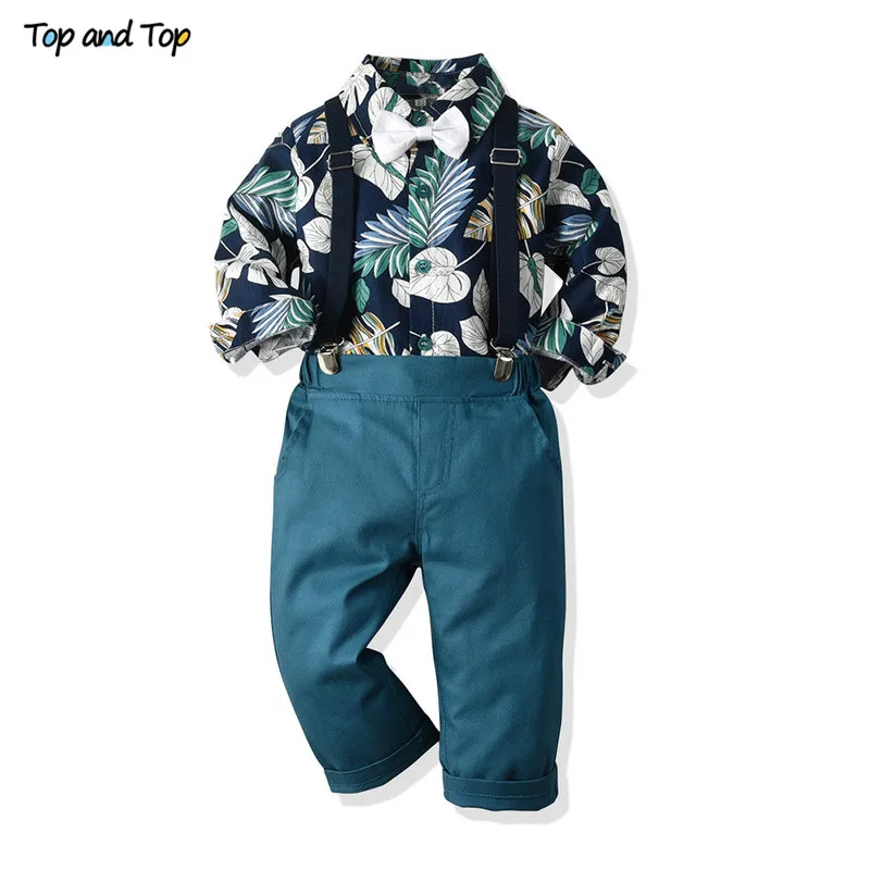 

Top and Top Fashion Boy Clothing Set Long Sleeve Printed Bowtie Shirt+Suspender Pants Kids Clothes Boys Gentleman Suits Bebe