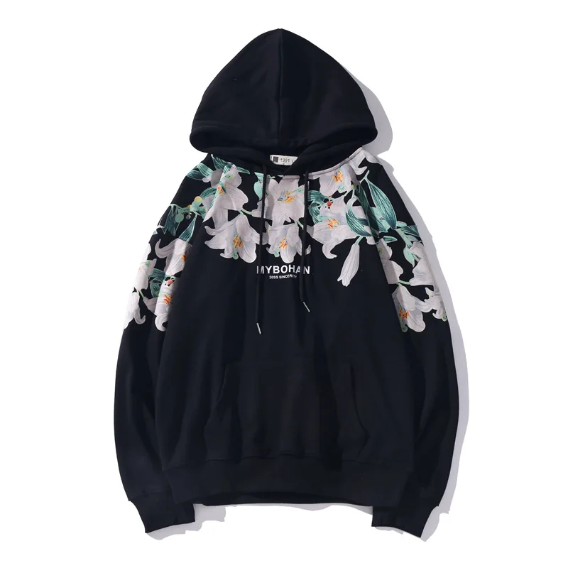 black hoodies Plegie толстовки с цветочным принтом Фламинго уличная Толстовка Harajuku Хип Хоп хипстер Повседневный негабаритный пуловер Толстовка Топы - Цвет: black hoodies