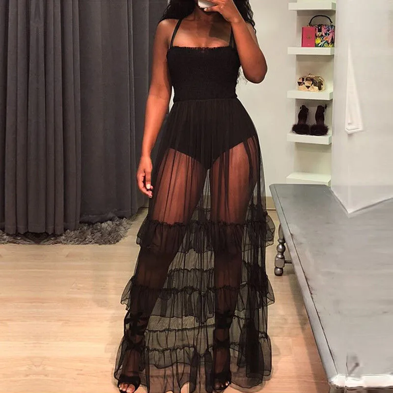 Черное сексуальное просвечивающее прозрачное Сетчатое платье макси для женщин без рукавов с бретельками и длинными рюшами одежда для вечеринок и клубов