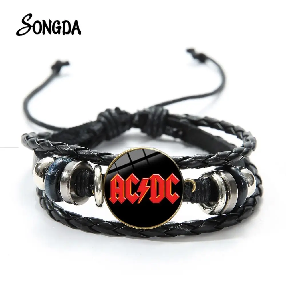 

SONGDA Rock Band AC/DC Logo Bracelet European and American Rock Band ACDC Glass Time Gem Punk Leather Bracelets Music Lover Gift