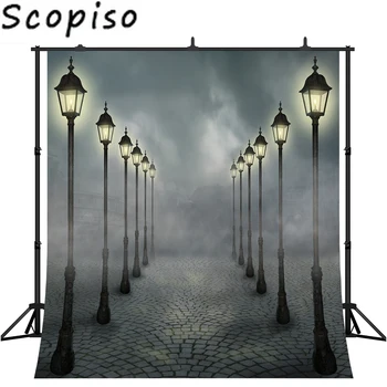 

Scopiso Photography Backdrop Dark Foggy Blurred Houses Street Light Square Photography Backdrop Photo Background Studio Prop
