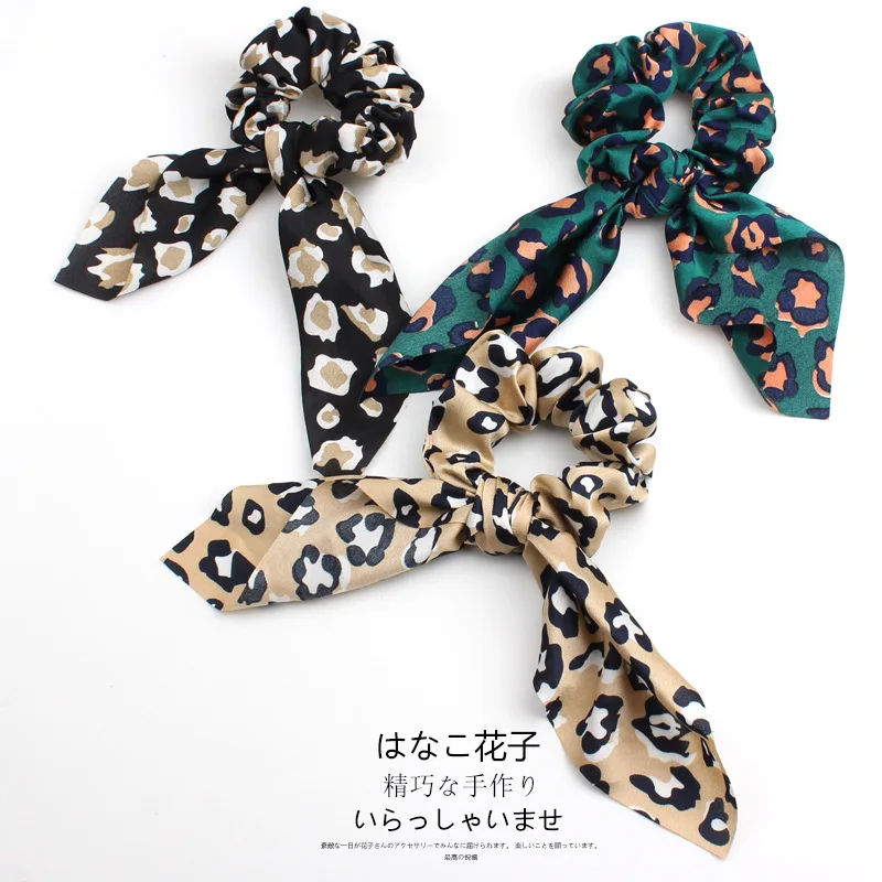 CN 2pcs Leopard Snake Floral Streamers Scrunchies Women Hair Scarf Elastic Rabbit Ear Bow Hair Rope Ribbon Band Girls